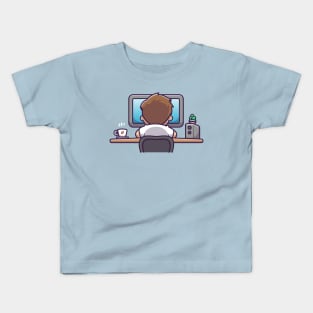 Cute Man Working On Computer With Coffee Cartoon Kids T-Shirt